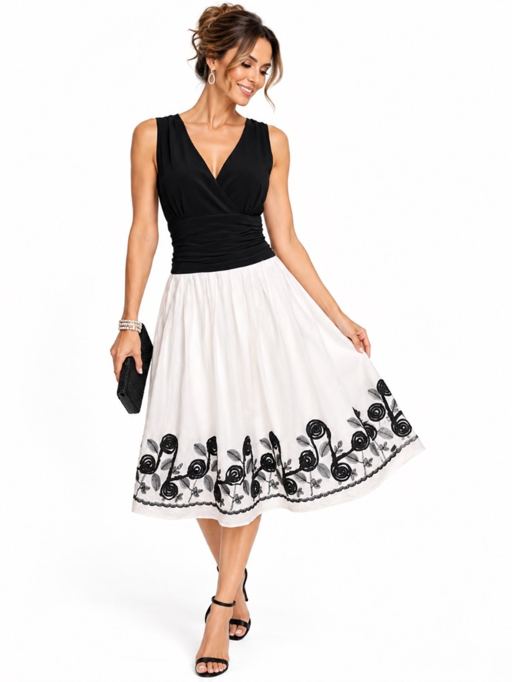 SL Fashions Black & White Embroidered Floral Romantic Fit & Flare Dress Size 18